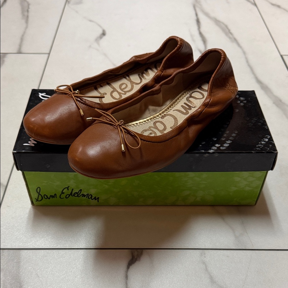 Sam Edelman Women's Tan Leather Ballet Flats with Bow Size 8 Gently Worn
